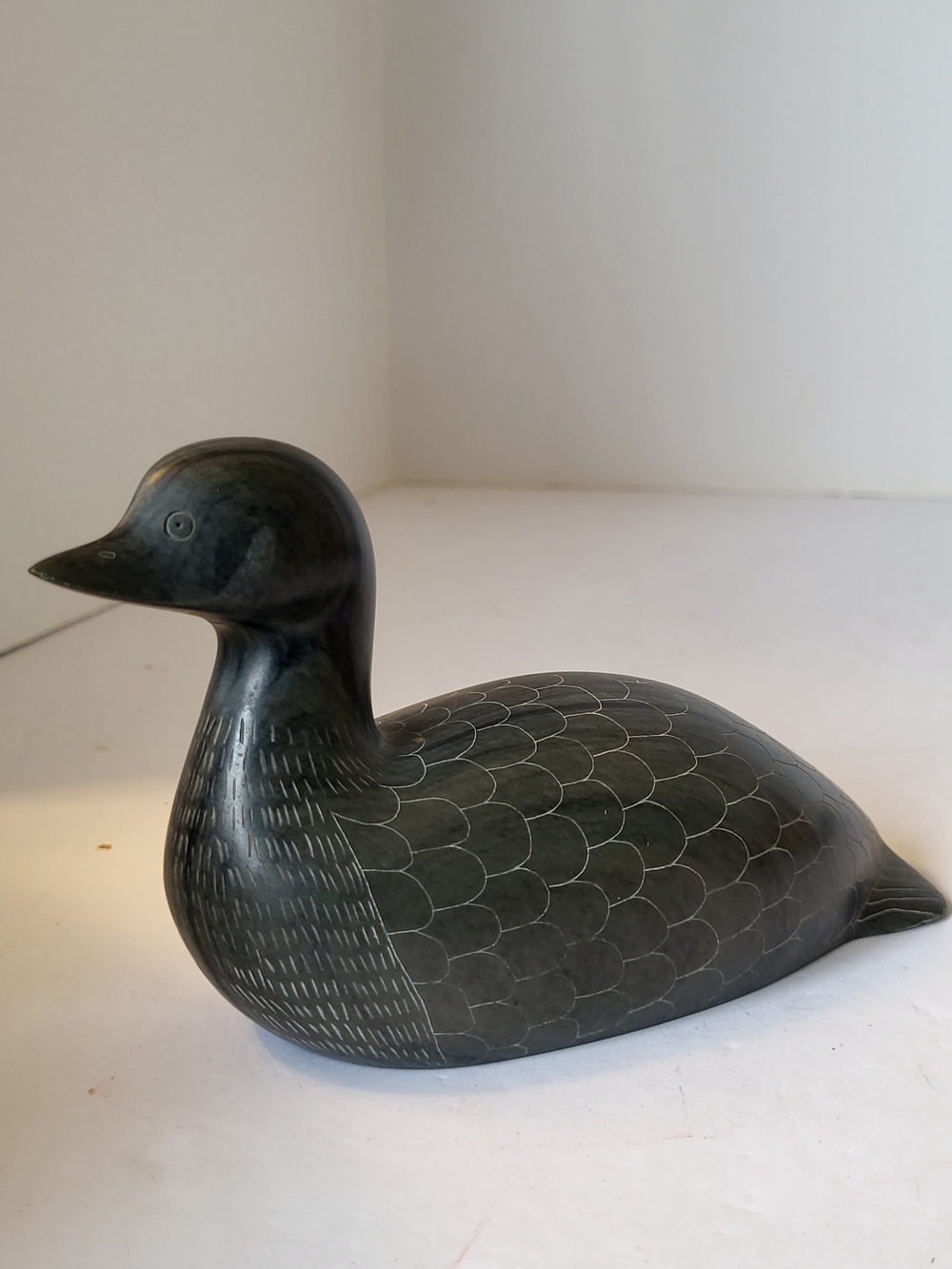 Vintage Sanikiluaq Inuit Handcarved Soapstone Loon Signed Johnassie Ippak